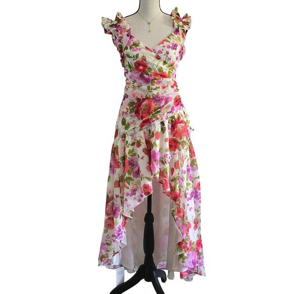 NWT Abercrombie & Fitch Womens Floral Maxi Dress S Ruffle High-Low Wedding Guest - Picture 1 of 12